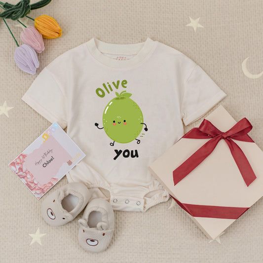 Cute Olive You Baby Romper Minimalist Cartoon Olive with Smiley Face Baby Shower Gift Organic Cotton Newborn Outfit Gender Neutral