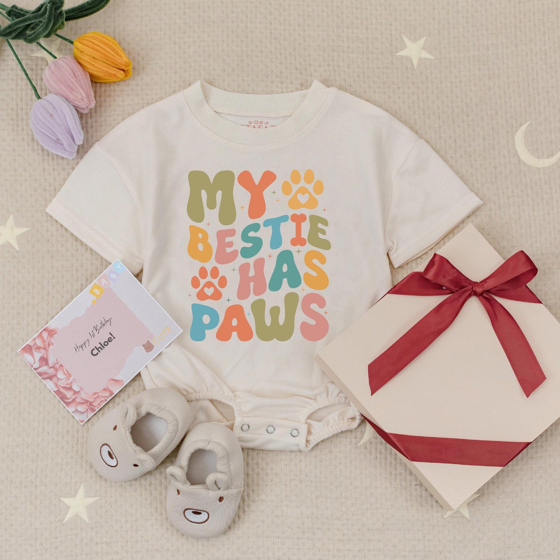 Retro 'My Bestie Has Paws' Baby Romper with Olive Green, Orange, Teal & Pink Colors, Pet Lover Baby Bodysuit Gift
