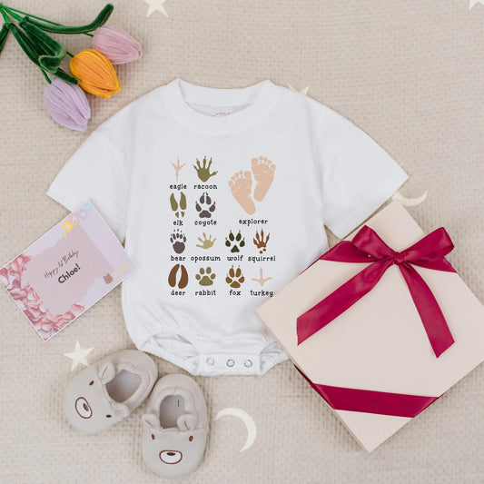 Explorer Animal Paw Prints Baby Romper Adventure Bodysuit Earthy Brown Green Nature Explore Wildlife Lover Newborn Gift