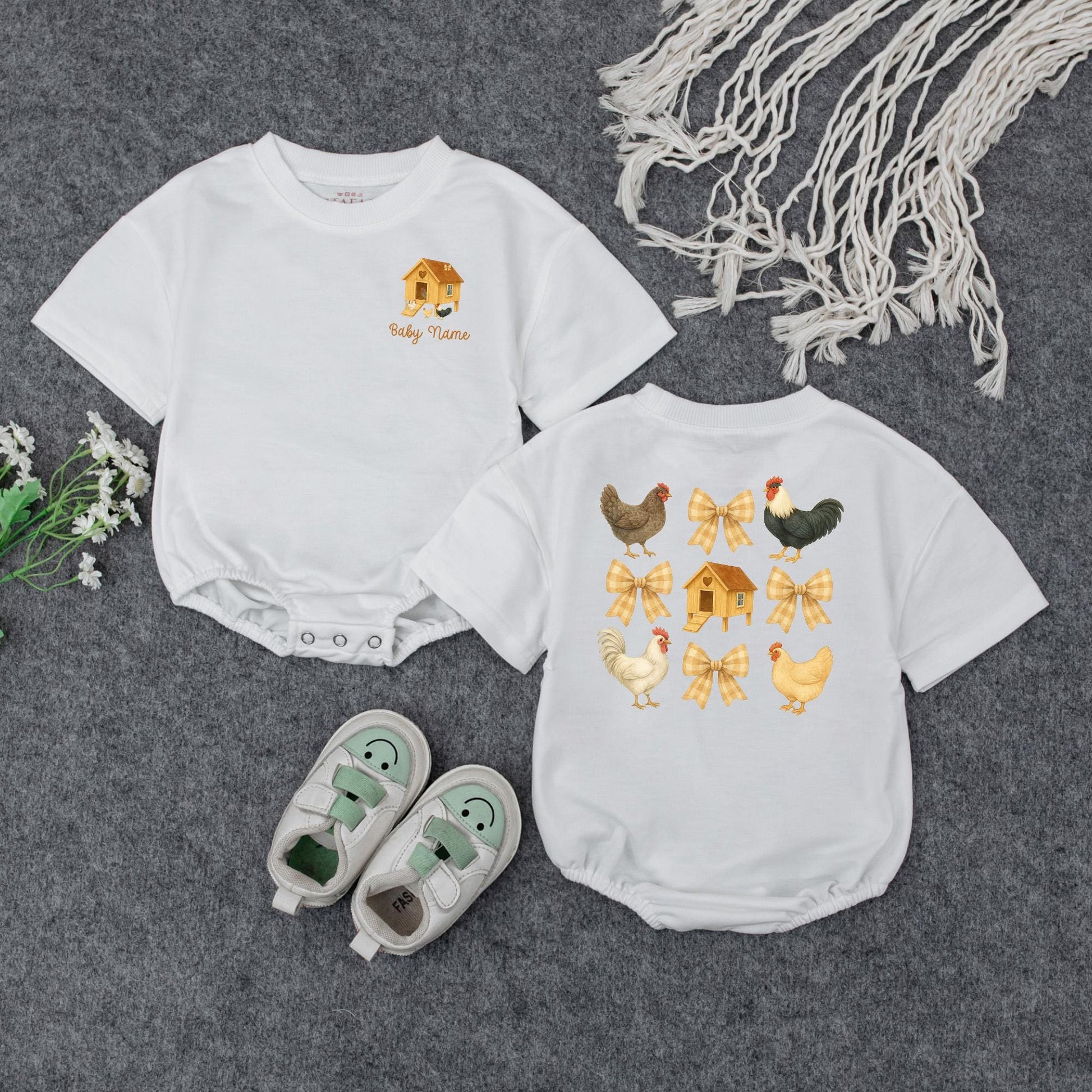 Personalized Farm Chicken Baby Romper with Plaid Bows, Cute Rooster Bodysuit, Retro Newborn Outfit, Whimsical Barnyard Gift, Farm Animal Baby Clothes