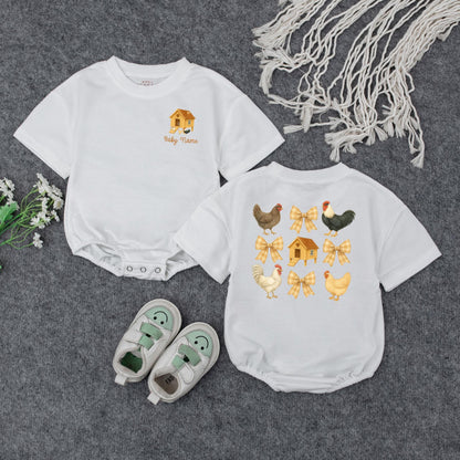 Personalized Farm Chicken Baby Romper with Plaid Bows, Cute Rooster Bodysuit, Retro Newborn Outfit, Whimsical Barnyard Gift, Farm Animal Baby Clothes