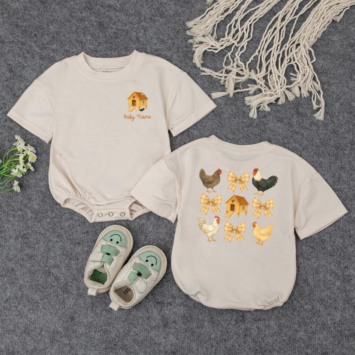 Personalized Farm Chicken Baby Romper with Plaid Bows, Cute Rooster Bodysuit, Retro Newborn Outfit, Whimsical Barnyard Gift, Farm Animal Baby Clothes