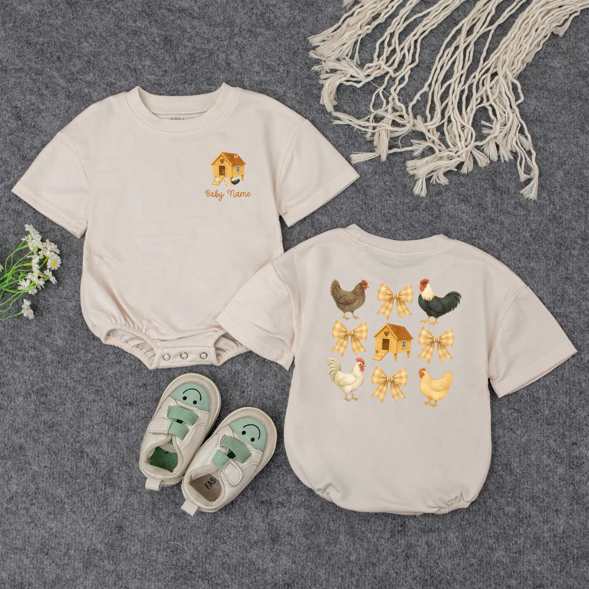 Personalized Farm Chicken Baby Romper with Plaid Bows, Cute Rooster Bodysuit, Retro Newborn Outfit, Whimsical Barnyard Gift, Farm Animal Baby Clothes