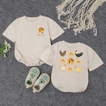 Personalized Farm Chicken Baby Romper with Plaid Bows, Cute Rooster Bodysuit, Retro Newborn Outfit, Whimsical Barnyard Gift, Farm Animal Baby Clothes