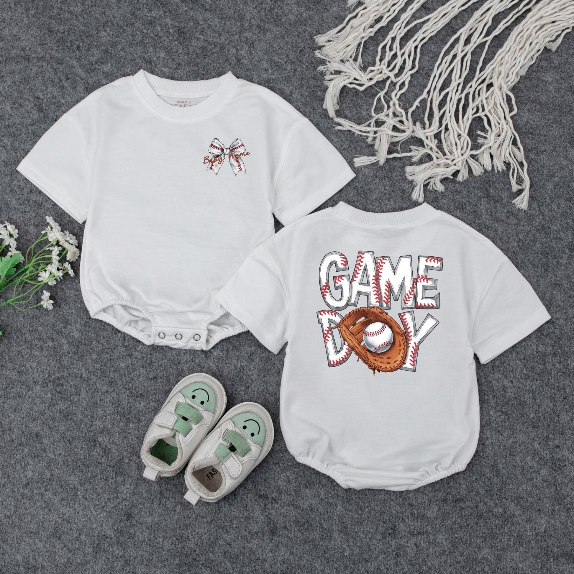Personalized Baseball Baby Gift Set: Custom Name Bow Outfit | Game Day Newborn Shower Keepsake with Glove & Stitched Ball Design, Sports Baby Girl Top
