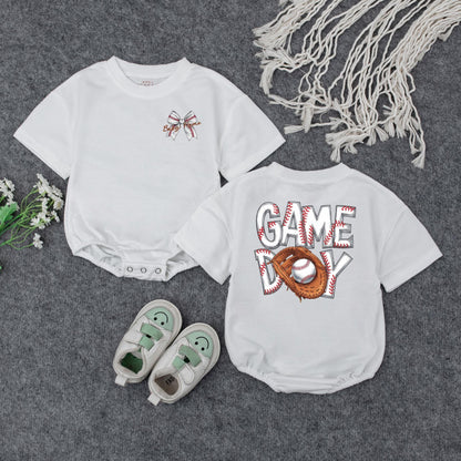 Personalized Baseball Baby Gift Set: Custom Name Bow Outfit | Game Day Newborn Shower Keepsake with Glove & Stitched Ball Design, Sports Baby Girl Top