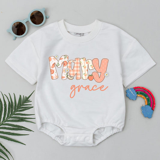 Personalized Peach Baby Bubble Romper - Custom Name Bodysuit for Baby Girl's Birthday - Newborn Peach Outfit Gift