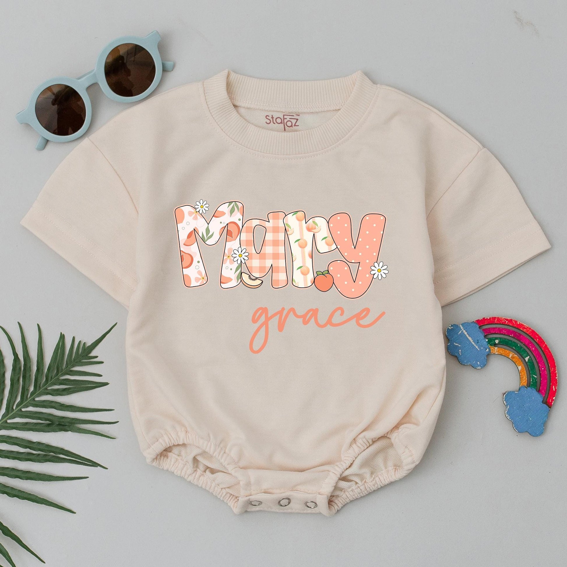 Personalized Peach Baby Bubble Romper - Custom Name Bodysuit for Baby Girl's Birthday - Newborn Peach Outfit Gift