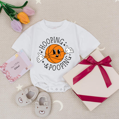 Funny Hooping & Pooping Basketball Baby Romper Cute Vintage Cartoon Style Natural Cotton Baby Shower Gift for Sports Fans