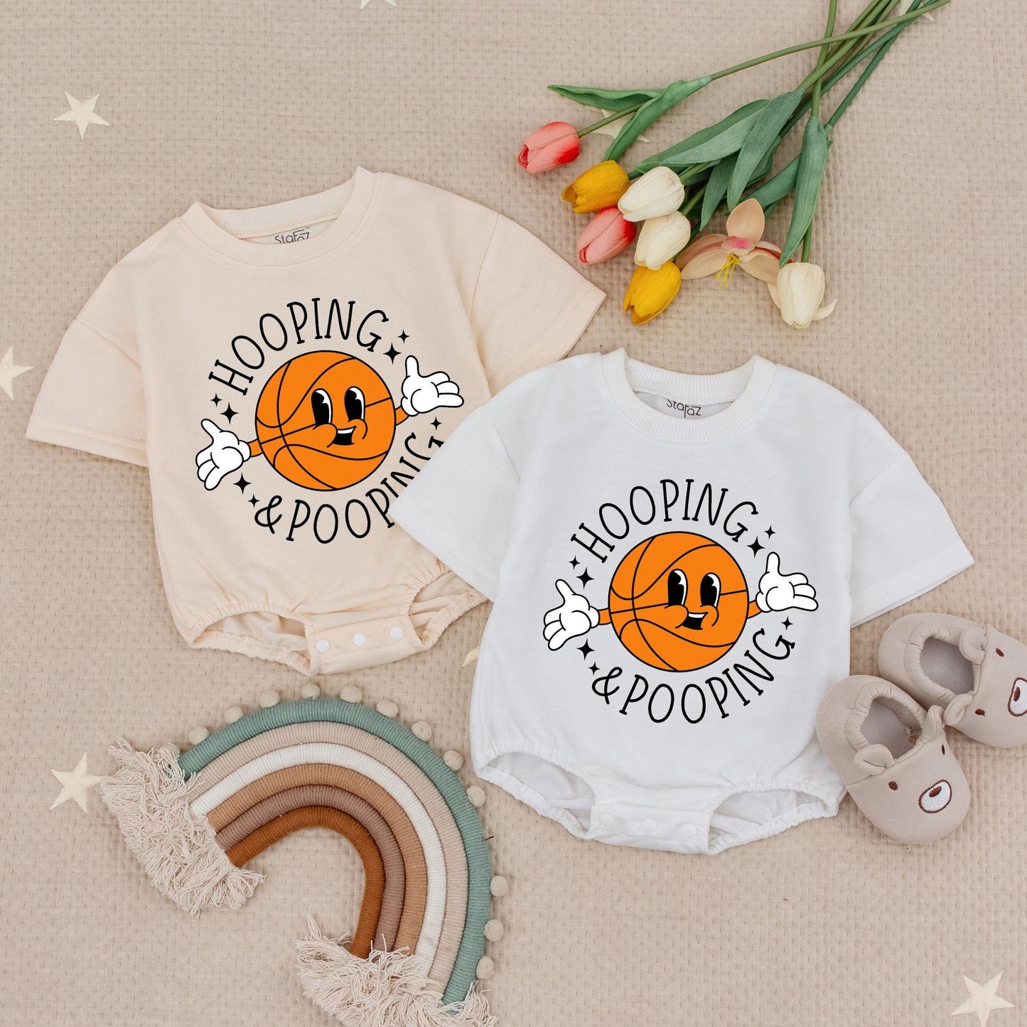 Funny Hooping & Pooping Basketball Baby Romper Cute Vintage Cartoon Style Natural Cotton Baby Shower Gift for Sports Fans