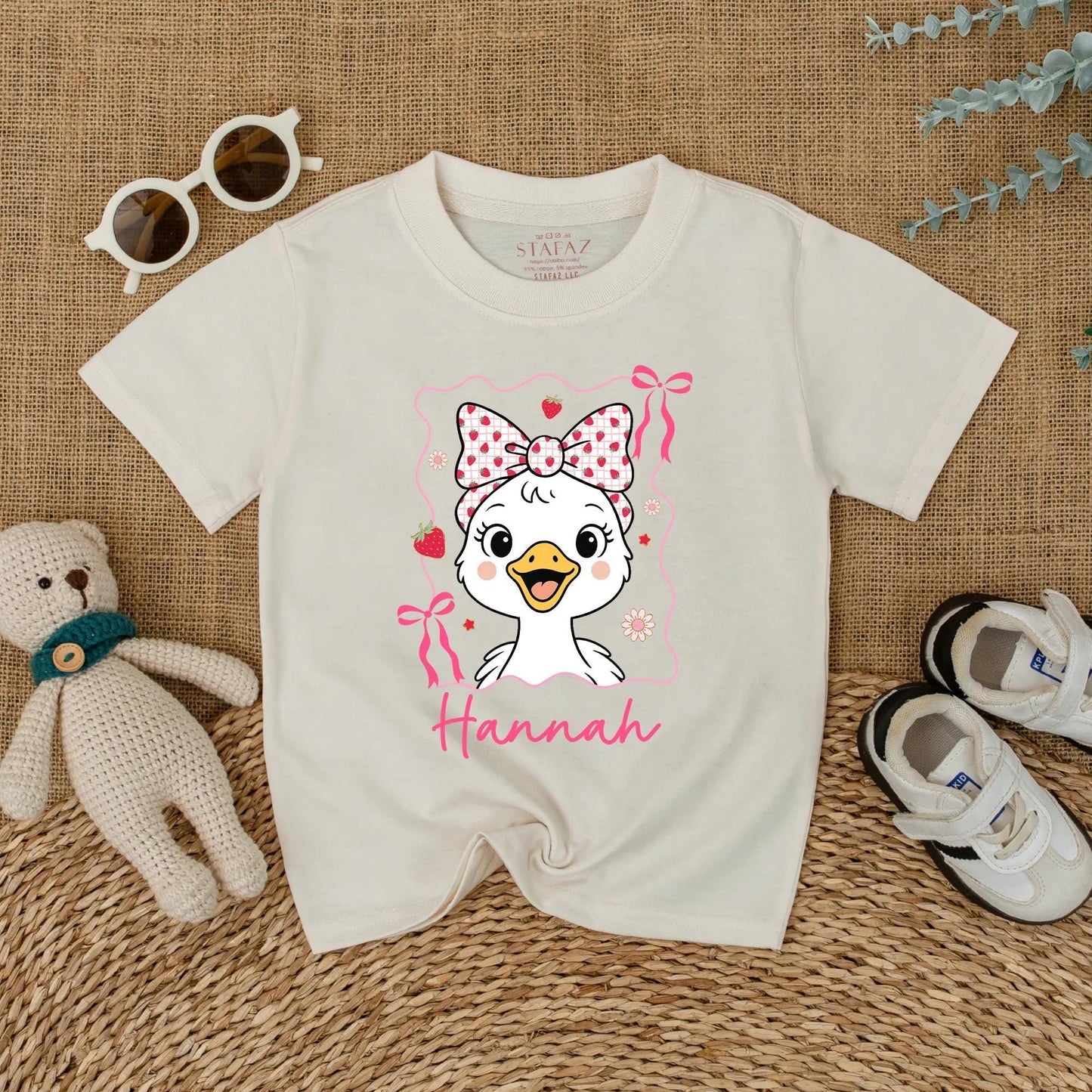 Personalized Cute Pink Bow Goose Baby Romper Summer Strawberry Design Girl Bodysuit Name Outfit Soft Cotton Shower Gift