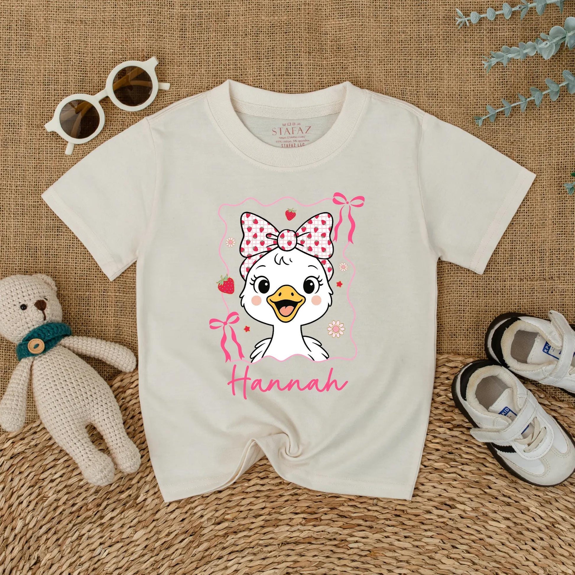 Personalized Cute Pink Bow Goose Baby Romper Summer Strawberry Design Girl Bodysuit Name Outfit Soft Cotton Shower Gift