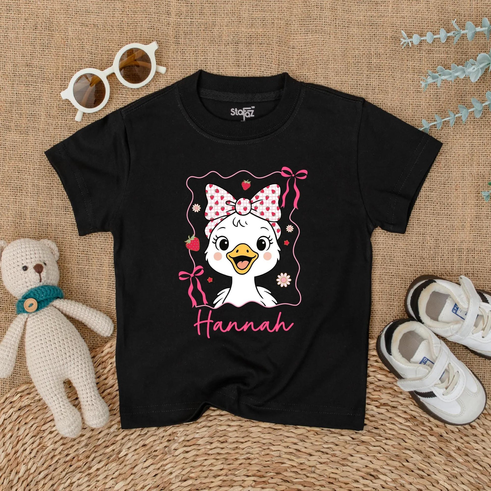 Personalized Cute Pink Bow Goose Baby Romper Summer Strawberry Design Girl Bodysuit Name Outfit Soft Cotton Shower Gift