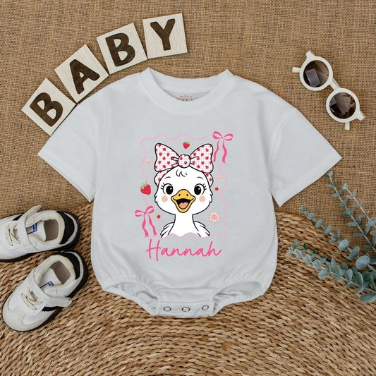 Personalized Cute Pink Bow Goose Baby Romper Summer Strawberry Design Girl Bodysuit Name Outfit Soft Cotton Shower Gift