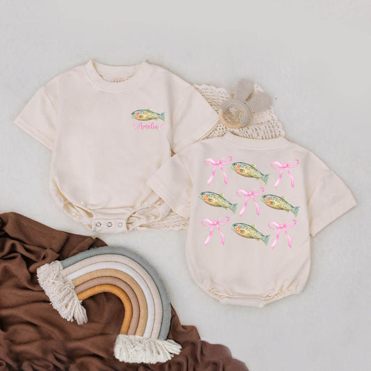 Personalized Pink Bow Bass Fish Girl Outfit Cute Baby Romper First Birthday Summer Gift