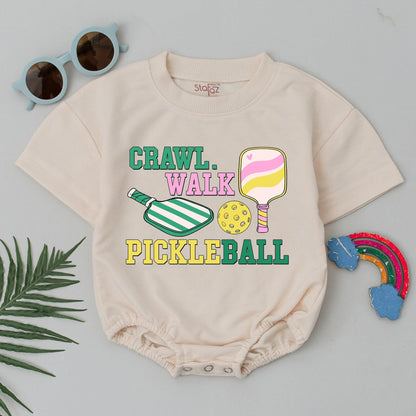 Crawl Walk Pickleball Baby Romper Retro Fun Outfit for Boys or Girls Pickleball Gift