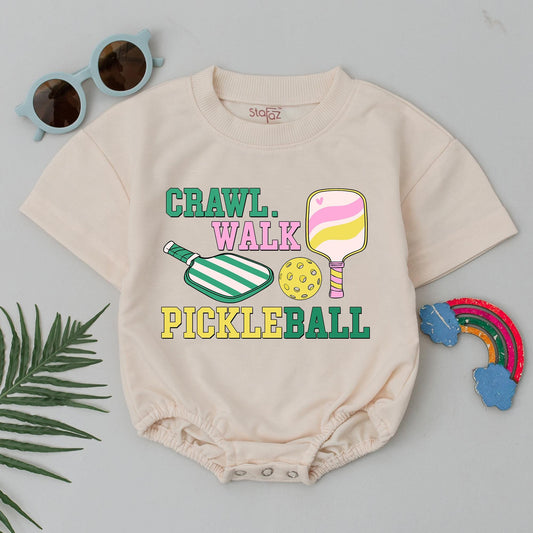 Crawl Walk Pickleball Baby Romper Retro Fun Outfit for Boys or Girls Pickleball Gift
