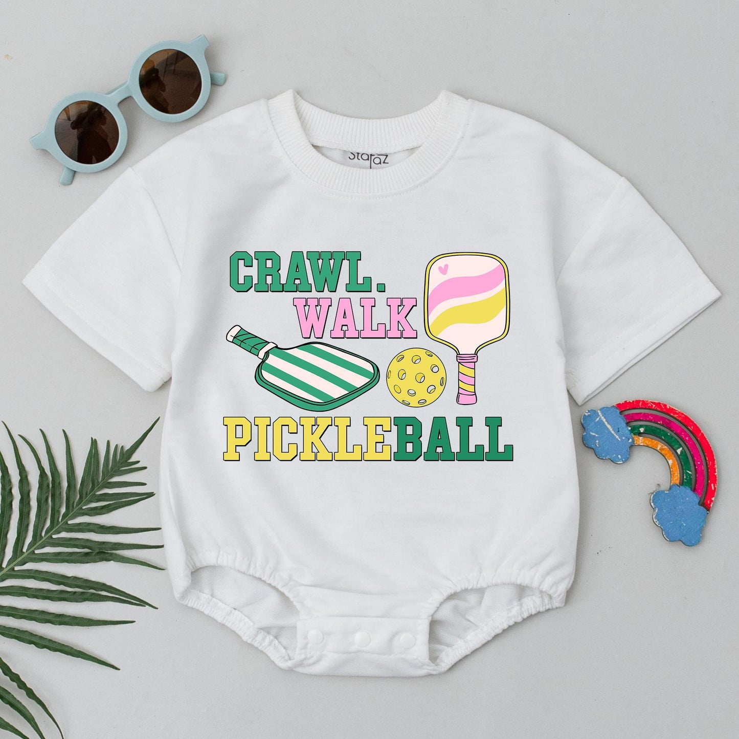 Crawl Walk Pickleball Baby Romper Retro Fun Outfit for Boys or Girls Pickleball Gift