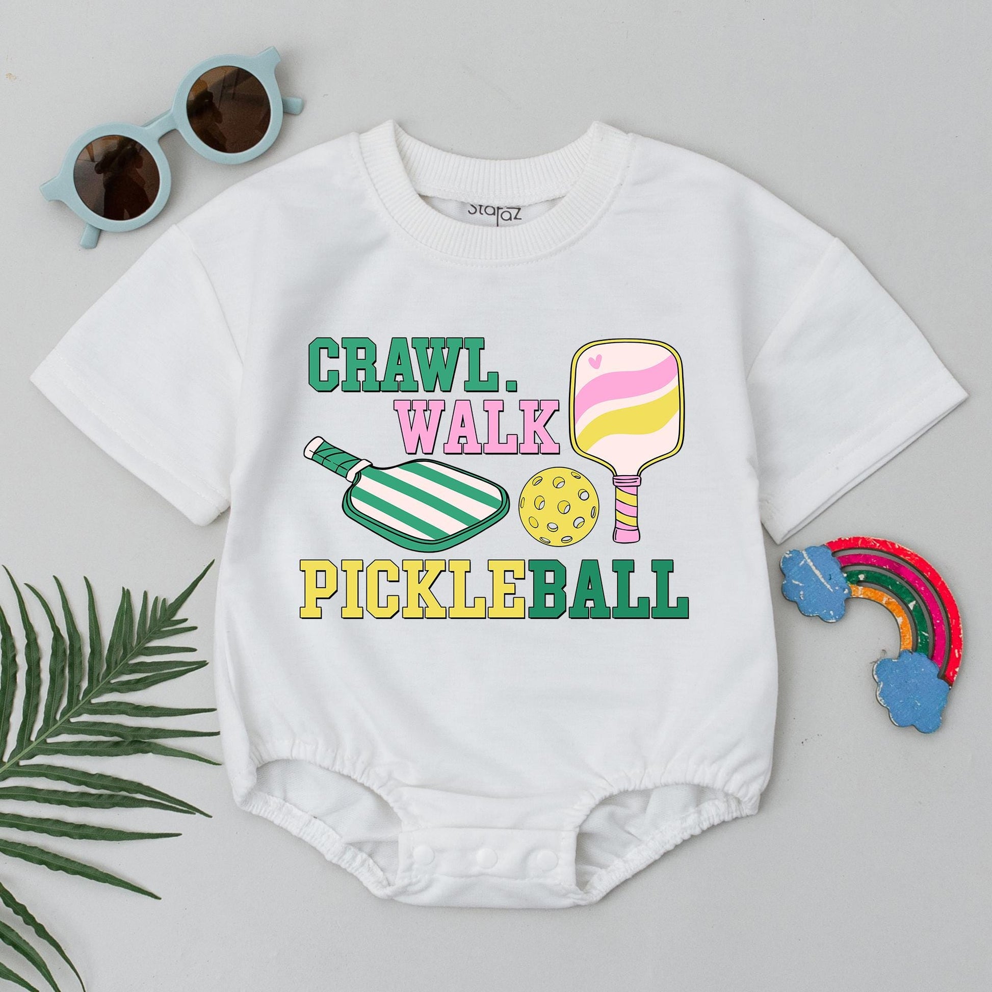 Crawl Walk Pickleball Baby Romper Retro Fun Outfit for Boys or Girls Pickleball Gift