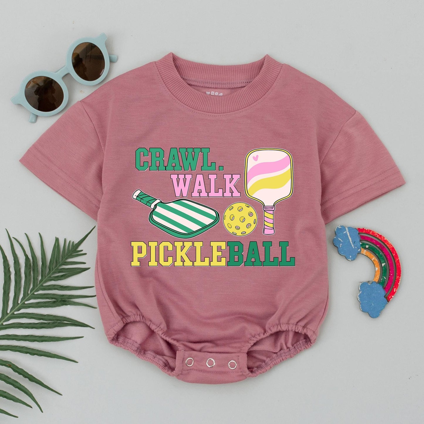 Crawl Walk Pickleball Baby Romper Retro Fun Outfit for Boys or Girls Pickleball Gift