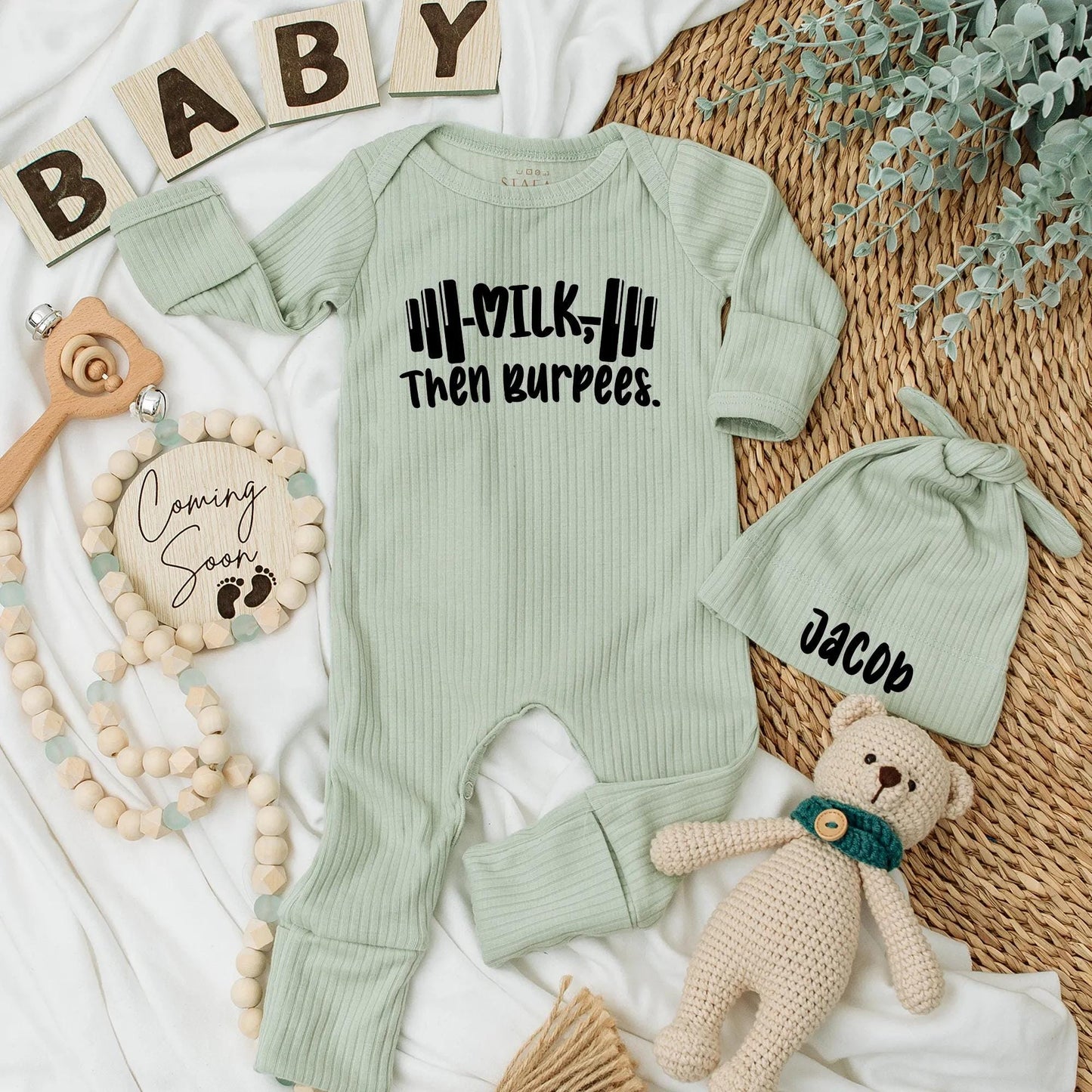 Personalized Milk Then Burpees Baby Bodysuit Funny Gym Workout Clothes Barbell Fitness Newborn Gift Gender Neutral Modern Monochrome Style