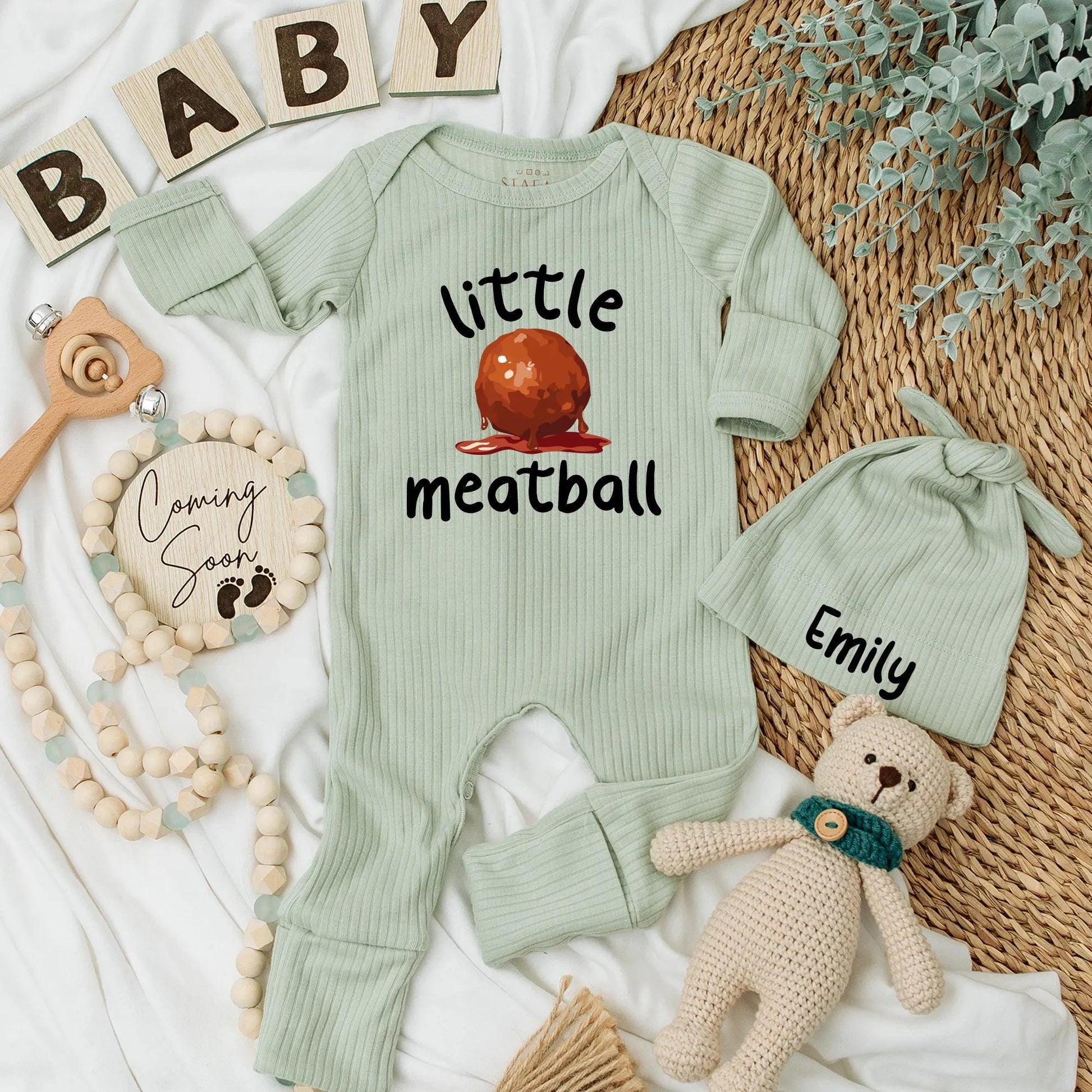 Personalized Little Meatball Baby Bodysuit Funny Foodie Newborn Outfit Italian Food Baby Shower Gift