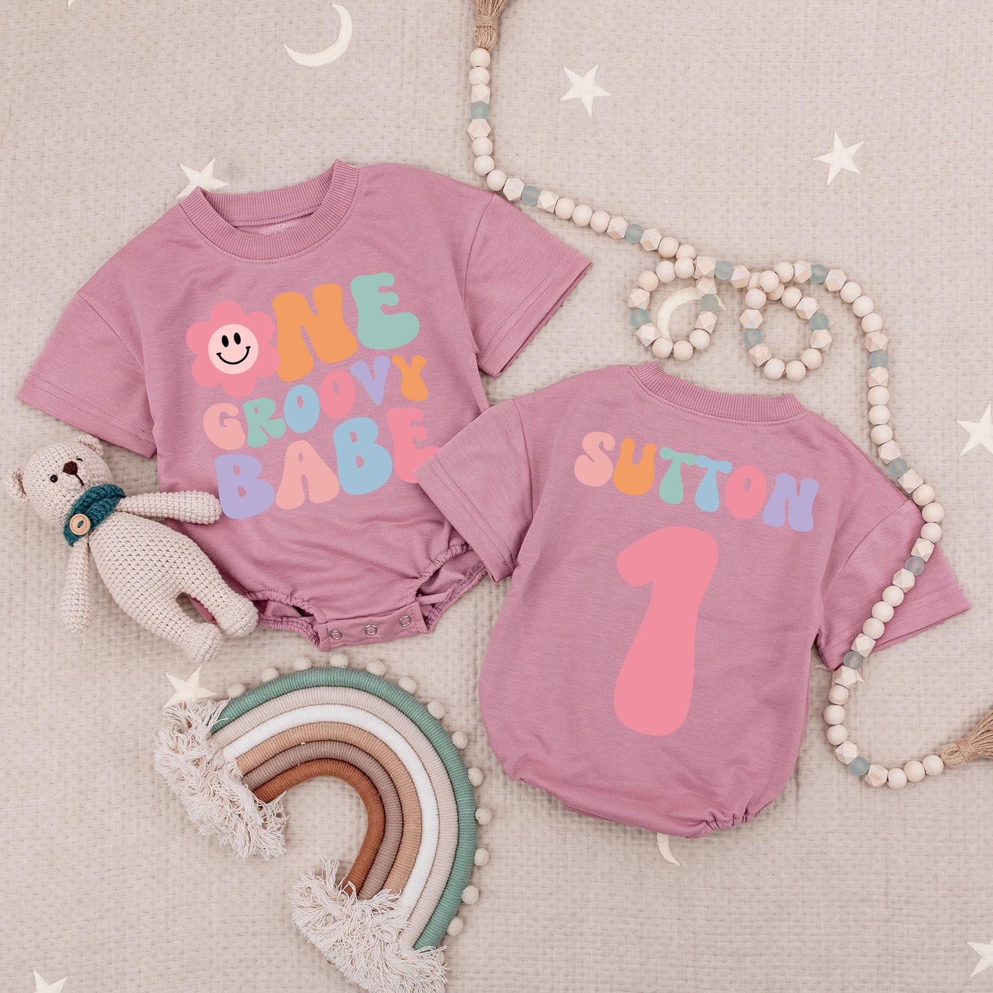 Custom Groovy Babe Floral Smiley 1st Birthday Romper Baby Girl Outfit Retro Pink Lavender Green