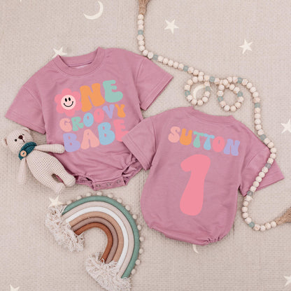 Custom Groovy Babe Floral Smiley 1st Birthday Romper Baby Girl Outfit Retro Pink Lavender Green