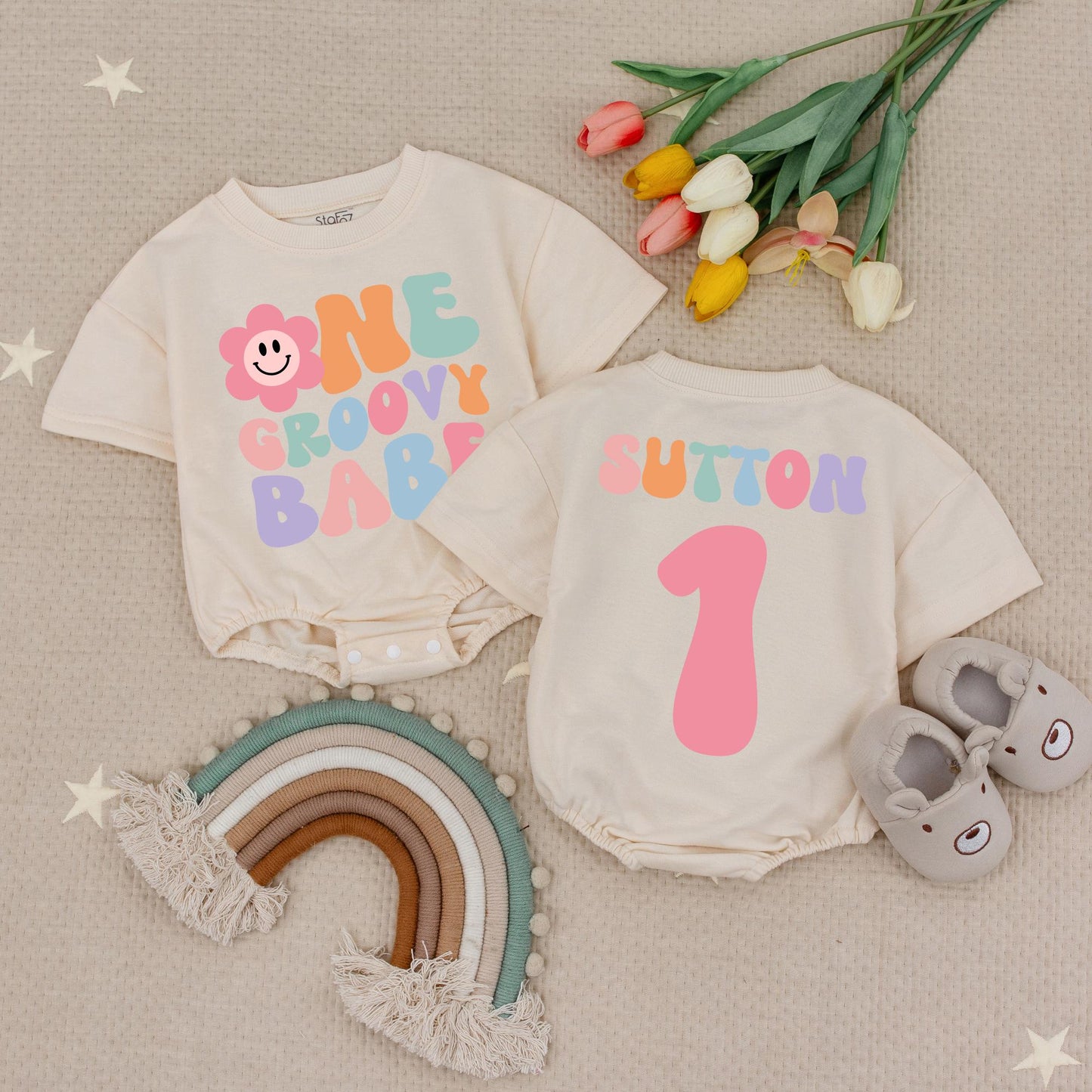 Custom Groovy Babe Floral Smiley 1st Birthday Romper Baby Girl Outfit Retro Pink Lavender Green