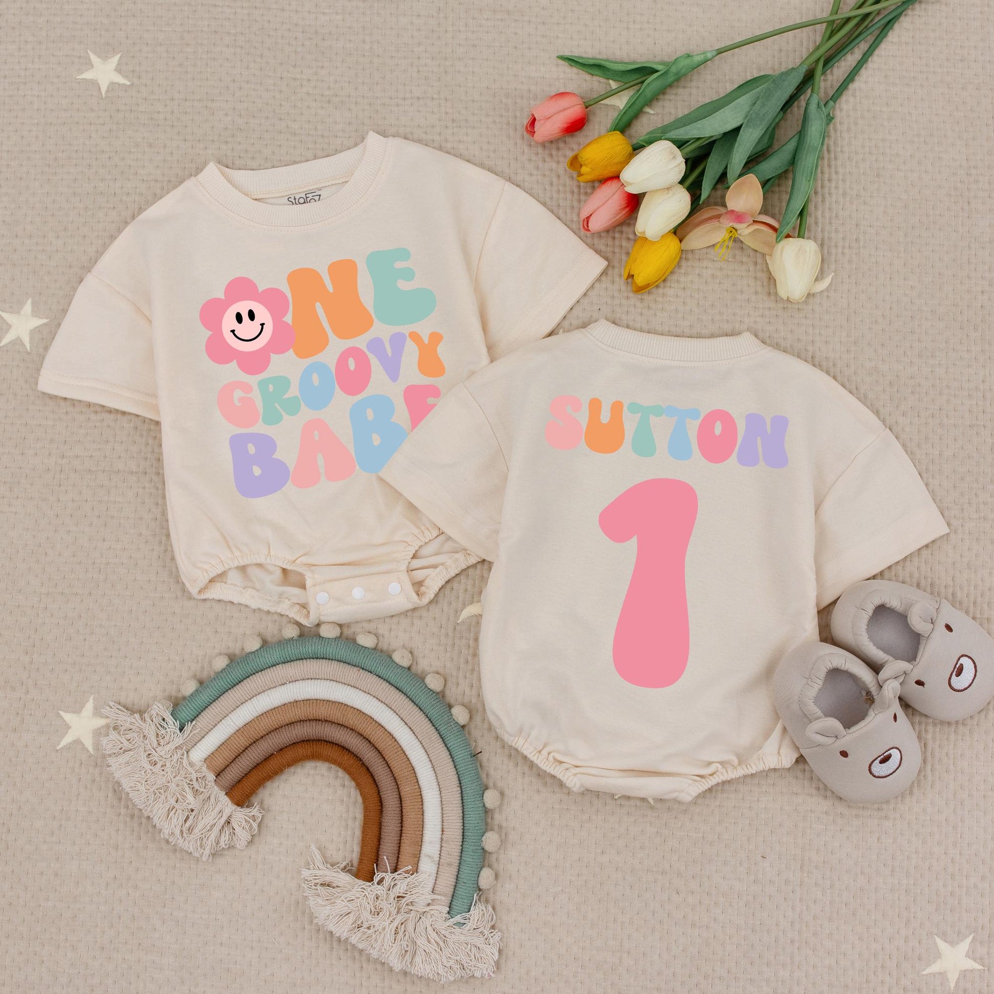 Custom Groovy Babe Floral Smiley 1st Birthday Romper Baby Girl Outfit Retro Pink Lavender Green