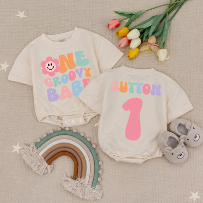 Custom Groovy Babe Floral Smiley 1st Birthday Romper Baby Girl Outfit Retro Pink Lavender Green