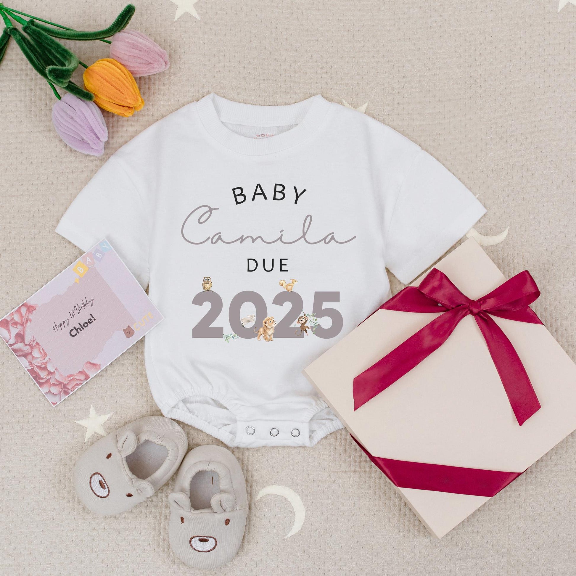 Custom Name Baby Due 2025 Pregnancy Announcement Romper with Safari Animals Baby Grow Gift for Expecting Parents