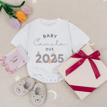 Custom Name Baby Due 2025 Pregnancy Announcement Romper with Safari Animals Baby Grow Gift for Expecting Parents
