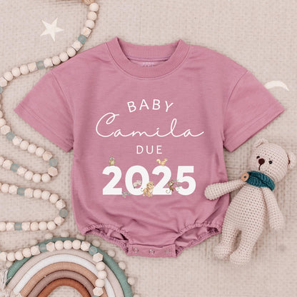 Custom Name Baby Due 2025 Pregnancy Announcement Romper with Safari Animals Baby Grow Gift for Expecting Parents