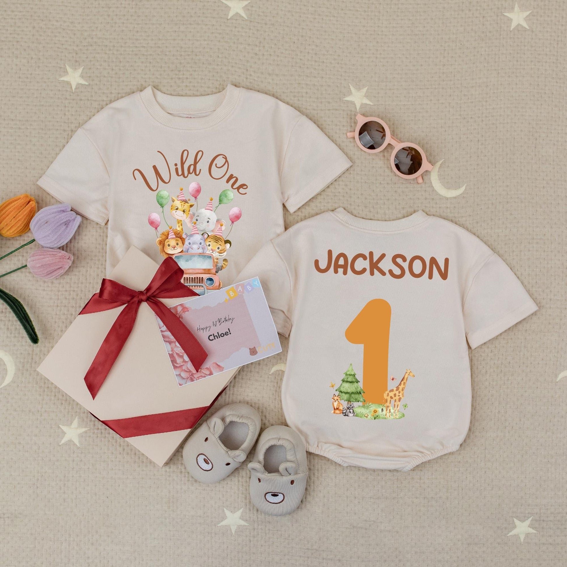 Wild One Birthday Romper Custom Name Safari Animals First Birthday Babysuit Zoo Theme Personalized Number One Bodysuit Baby Boy Jungle Party (135 chars)