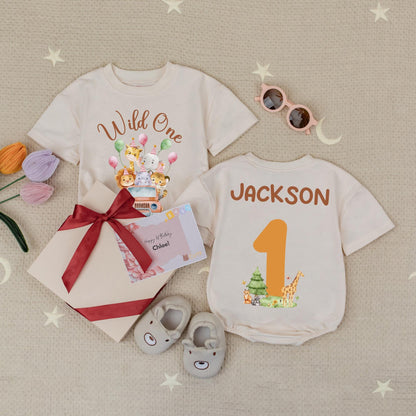 Wild One Birthday Romper Custom Name Safari Animals First Birthday Babysuit Zoo Theme Personalized Number One Bodysuit Baby Boy Jungle Party (135 chars)