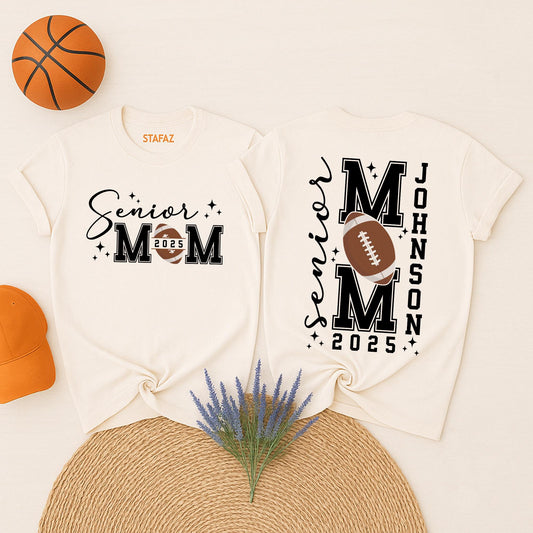 Personalized Senior Football Mom 2025 T-Shirt with Player Name and Number Two-Sided Design Comfortable Game Day Shirt for Senior Graduation