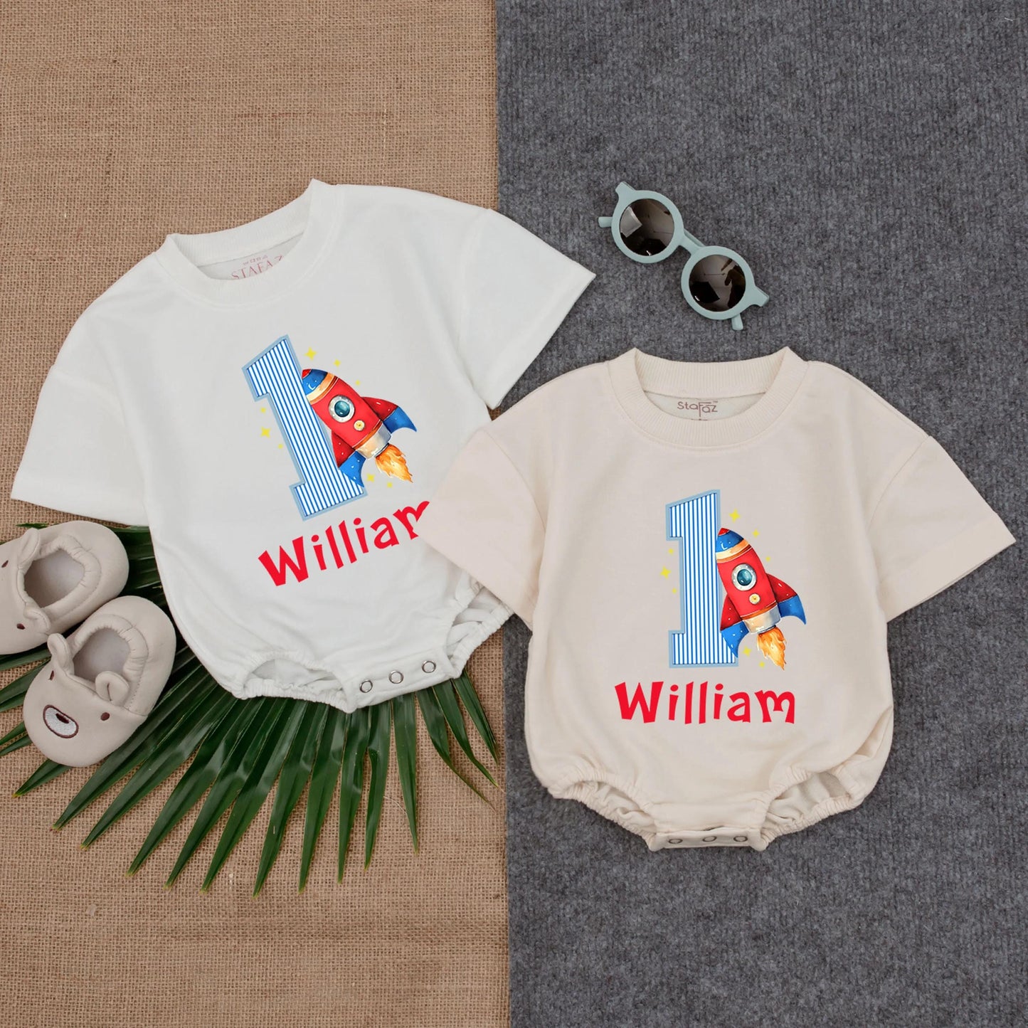 Personalized Rocket Birthday Romper First Trip Around the Sun Baby Boy Rocket Ship 1st Birthday Outfit Custom Space Suit One-Piece