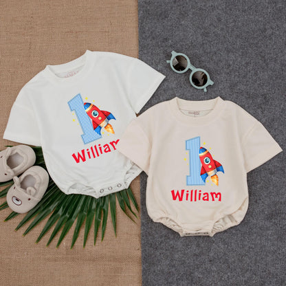 Personalized Rocket Birthday Romper First Trip Around the Sun Baby Boy Rocket Ship 1st Birthday Outfit Custom Space Suit One-Piece