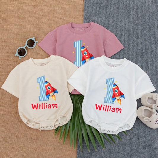 Personalized Rocket Birthday Romper First Trip Around the Sun Baby Boy Rocket Ship 1st Birthday Outfit Custom Space Suit One-Piece