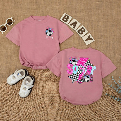 Personalized Soccer Bow Baby Romper for Baby Girl Game Day Outfit Future Soccer Player Sports Gift