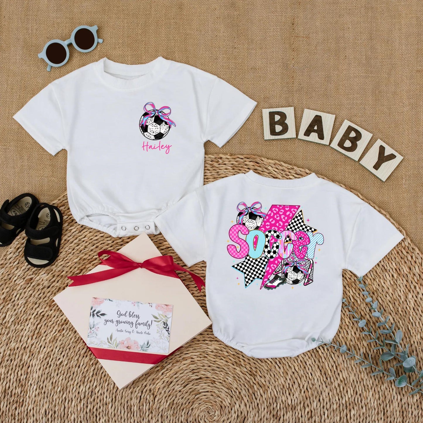 Personalized Soccer Bow Baby Romper for Baby Girl Game Day Outfit Future Soccer Player Sports Gift