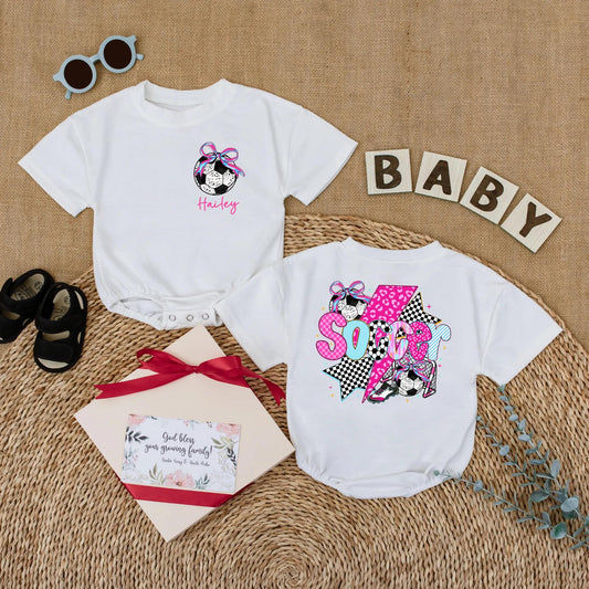 Personalized Soccer Bow Baby Romper for Baby Girl Game Day Outfit Future Soccer Player Sports Gift