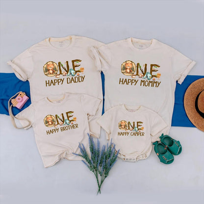 Personalized Happy Camper Family Matching Outfit 1st Birthday Baby Romper Outdoor Summer Adventure Gift for Mom Dad Toddler