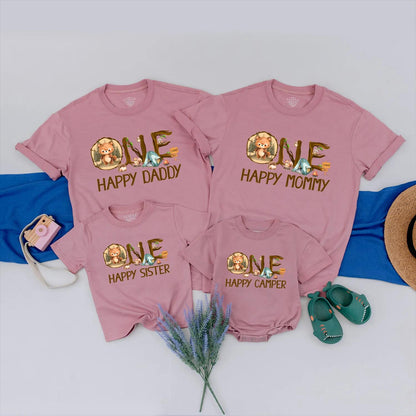Personalized Happy Camper Family Matching Outfit 1st Birthday Baby Romper Outdoor Summer Adventure Gift for Mom Dad Toddler