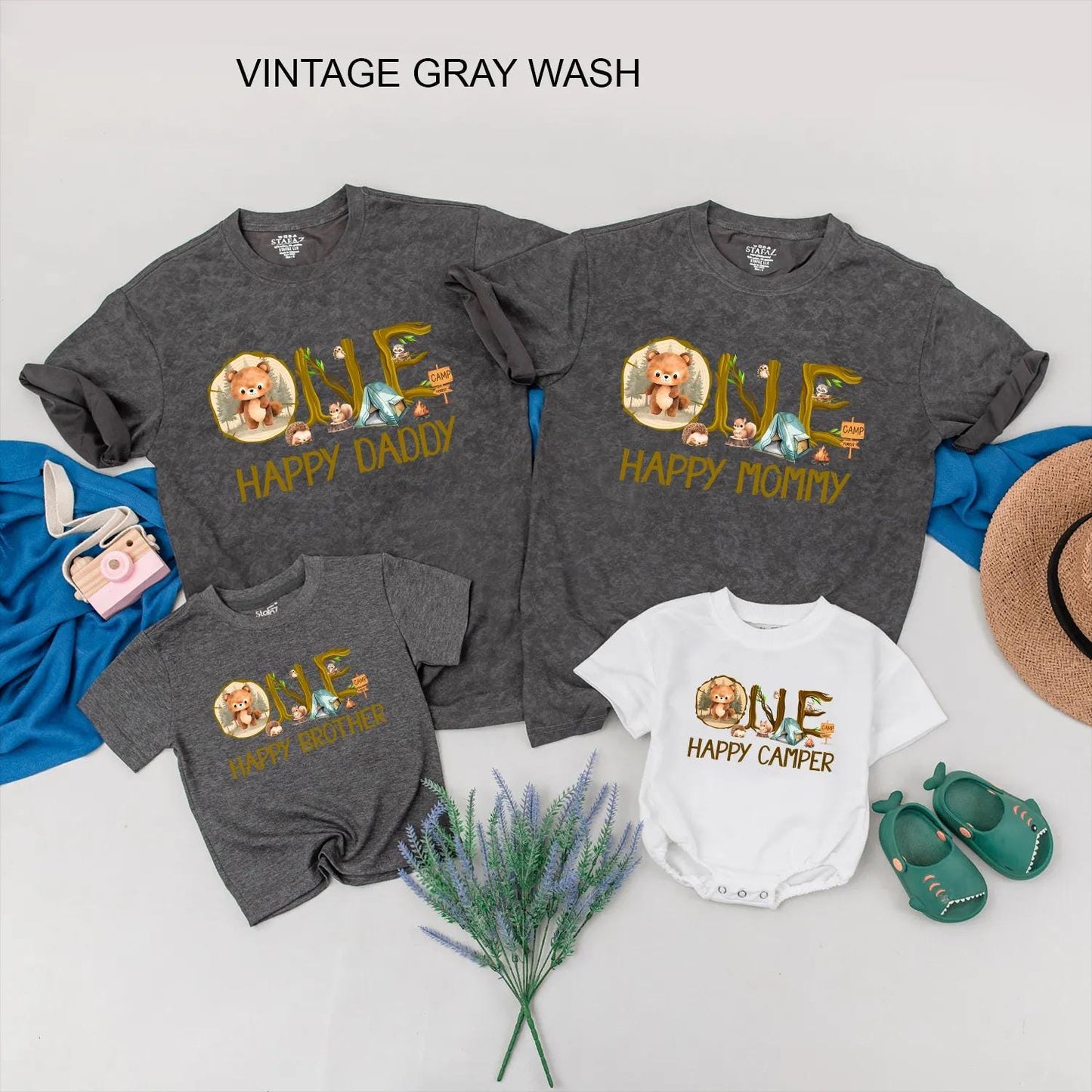 Personalized Happy Camper Family Matching Outfit 1st Birthday Baby Romper Outdoor Summer Adventure Gift for Mom Dad Toddler