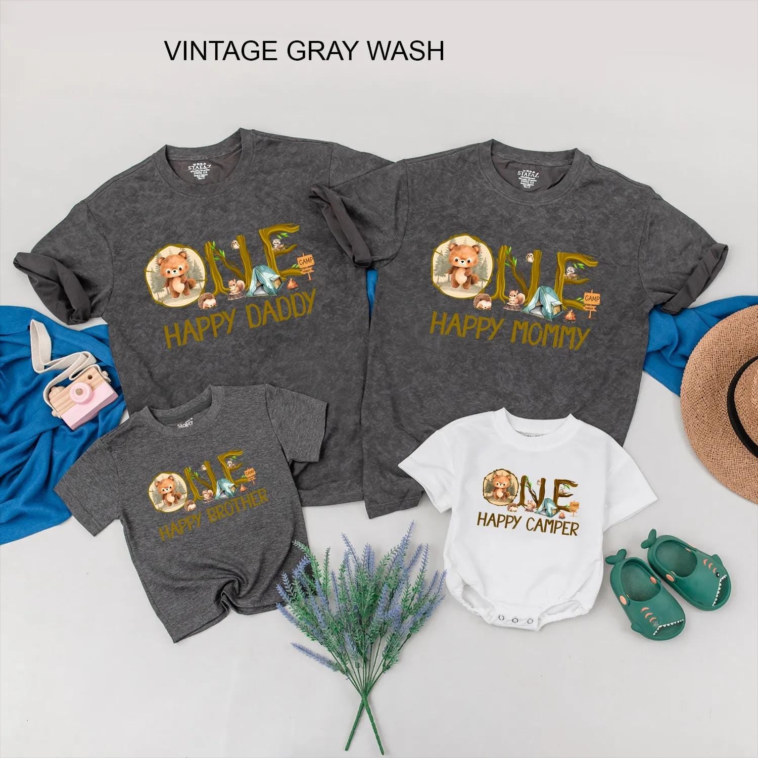 Personalized Happy Camper Family Matching Outfit 1st Birthday Baby Romper Outdoor Summer Adventure Gift for Mom Dad Toddler