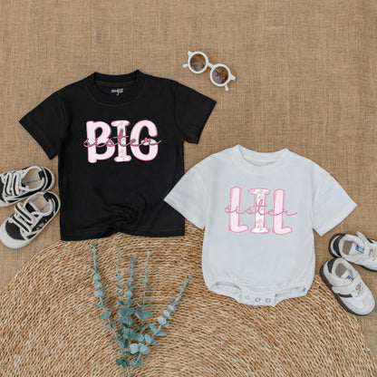Big Sister Lil Sister Matching Outfit, Cute Baby Bodysuit & Toddler Shirt Set, Trendy Sibling Reveal Gift for Girls, Pink & White, Comfy Cotton (139 chars)