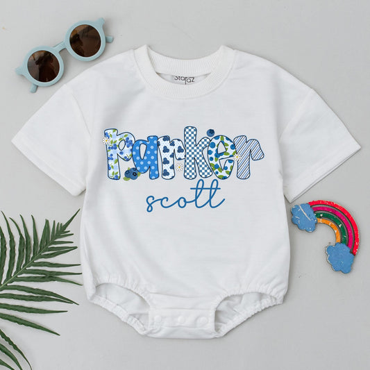 Custom Parker Scott Blueberry Bubble Romper for Baby Girl or Boy Cheerful Blue Patterned Newborn Outfit Baby Shower Gift