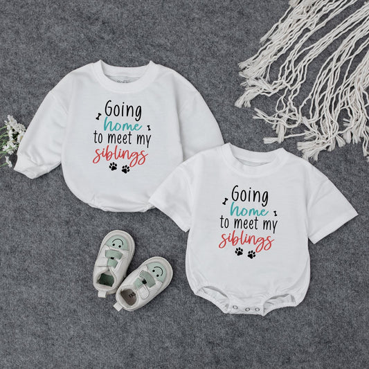 Going Home to Meet Siblings Outfit | Newborn Baby Bodysuit, Gender Neutral, Cute Paw Prints, New Best Friend Coming Home Outfit, Turquoise & Red 139